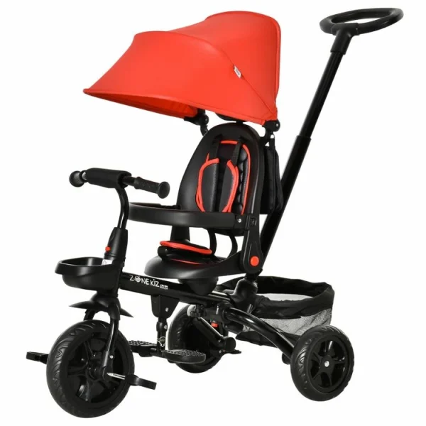 en promotion HOMCOM Tricycle Enfant évolutif Pliable 4 En 1 Multifonction – Pare-soleil, Canne Télescopique Amovible – Siège Pivotant, Harnais, Arceau Sécurité – 3 Paniers Rangement – Métal PP Rouge Noir 1