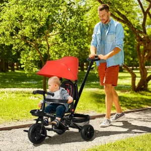 en promotion HOMCOM Tricycle Enfant évolutif Pliable 4 En 1 Multifonction – Pare-soleil, Canne Télescopique Amovible – Siège Pivotant, Harnais, Arceau Sécurité – 3 Paniers Rangement – Métal PP Rouge Noir 10