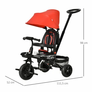 en promotion HOMCOM Tricycle Enfant évolutif Pliable 4 En 1 Multifonction – Pare-soleil, Canne Télescopique Amovible – Siège Pivotant, Harnais, Arceau Sécurité – 3 Paniers Rangement – Métal PP Rouge Noir 12