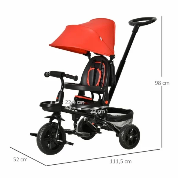 en promotion HOMCOM Tricycle Enfant évolutif Pliable 4 En 1 Multifonction – Pare-soleil, Canne Télescopique Amovible – Siège Pivotant, Harnais, Arceau Sécurité – 3 Paniers Rangement – Métal PP Rouge Noir 4