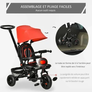 en promotion HOMCOM Tricycle Enfant évolutif Pliable 4 En 1 Multifonction – Pare-soleil, Canne Télescopique Amovible – Siège Pivotant, Harnais, Arceau Sécurité – 3 Paniers Rangement – Métal PP Rouge Noir 14