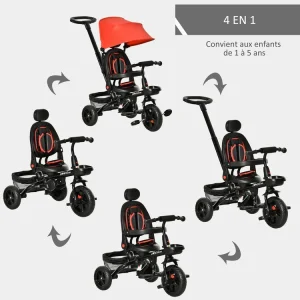 en promotion HOMCOM Tricycle Enfant évolutif Pliable 4 En 1 Multifonction – Pare-soleil, Canne Télescopique Amovible – Siège Pivotant, Harnais, Arceau Sécurité – 3 Paniers Rangement – Métal PP Rouge Noir 16