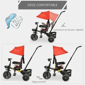 en promotion HOMCOM Tricycle Enfant évolutif Pliable 4 En 1 Multifonction – Pare-soleil, Canne Télescopique Amovible – Siège Pivotant, Harnais, Arceau Sécurité – 3 Paniers Rangement – Métal PP Rouge Noir 18