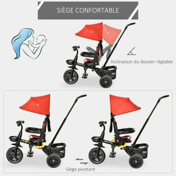 en promotion HOMCOM Tricycle Enfant évolutif Pliable 4 En 1 Multifonction – Pare-soleil, Canne Télescopique Amovible – Siège Pivotant, Harnais, Arceau Sécurité – 3 Paniers Rangement – Métal PP Rouge Noir 7