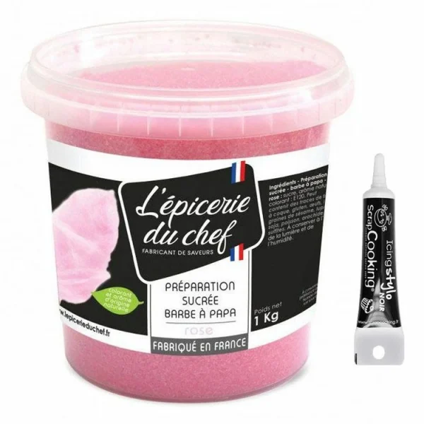 Meilleur Prix SCRAPCOOKING Sucre Barbe à Papa Rose 1 Kg + Stylo Glaçage Noir 1